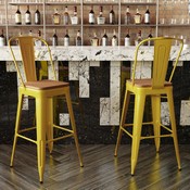 Kai Commercial Grade 30" High Yellow Metal Indoor-Outdoor Bar Height Stool with Removable Back and Square Teak All-Weather Poly Resin Seat, CH-31320-30GB-YL-PL2T-GG