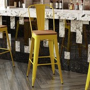 Kai Commercial Grade 30" High Yellow Metal Indoor-Outdoor Bar Height Stool with Removable Back and Square Teak All-Weather Poly Resin Seat, CH-31320-30GB-YL-PL2T-GG