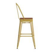 Kai Commercial Grade 30" High Yellow Metal Indoor-Outdoor Bar Height Stool with Removable Back and Square Teak All-Weather Poly Resin Seat, CH-31320-30GB-YL-PL2T-GG