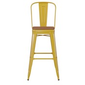 Kai Commercial Grade 30" High Yellow Metal Indoor-Outdoor Bar Height Stool with Removable Back and Square Teak All-Weather Poly Resin Seat, CH-31320-30GB-YL-PL2T-GG