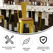 Kai Commercial Grade 30" High Yellow Metal Indoor-Outdoor Bar Height Stool with Removable Back and Square Teak All-Weather Poly Resin Seat, CH-31320-30GB-YL-PL2T-GG