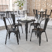 Commercial Grade 23.75" Square Black Metal Indoor-Outdoor Table Set with 2 Stack Chairs, CH-31330-2-30-BK-GG
