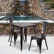 Commercial Grade 23.75" Square Black-Antique Gold Metal Indoor-Outdoor Table Set with 2 Stack Chairs, CH-31330-2-30-BQ-GG