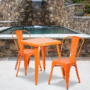 Commercial Grade 23.75" Square Orange Metal Indoor-Outdoor Table Set with 2 Stack Chairs, CH-31330-2-30-OR-GG