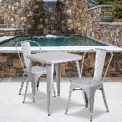 Commercial Grade 23.75" Square Silver Metal Indoor-Outdoor Table Set with 2 Stack Chairs, CH-31330-2-30-SIL-GG