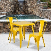 Commercial Grade 23.75" Square Yellow Metal Indoor-Outdoor Table Set with 2 Stack Chairs, CH-31330-2-30-YL-GG