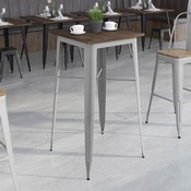 23.5" Square Silver Metal Indoor Bar Height Table with Walnut Rustic Wood Top, CH-31330-40M1-SIL-GG