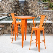 Commercial Grade 23.75" Square Orange Metal Indoor-Outdoor Bar Table Set with 2 Stools with Backs, CH-31330B-2-30GB-OR-GG
