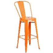 Commercial Grade 23.75" Square Orange Metal Indoor-Outdoor Bar Table Set with 2 Stools with Backs, CH-31330B-2-30GB-OR-GG