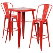 Commercial Grade 23.75" Square Red Metal Indoor-Outdoor Bar Table Set with 2 Stools with Backs, CH-31330B-2-30GB-RED-GG