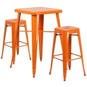 Commercial Grade 23.75" Square Orange Metal Indoor-Outdoor Bar Table Set with 2 Square Seat Backless Stools, CH-31330B-2-30SQ-OR-GG