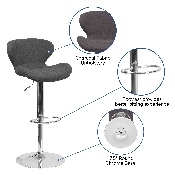 Contemporary Charcoal Fabric Adjustable Height Barstool with Curved Back and Chrome Base, CH-321-BKFAB-GG