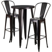 Commercial Grade 24" Round Black-Antique Gold Metal Indoor-Outdoor Bar Table Set with 2 Cafe Stools, CH-51080BH-2-30CAFE-BQ-GG