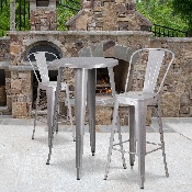 Commercial Grade 24" Round Silver Metal Indoor-Outdoor Bar Table Set with 2 Cafe Stools, CH-51080BH-2-30CAFE-SIL-GG