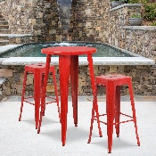 Commercial Grade 24" Round Red Metal Indoor-Outdoor Bar Table Set with 2 Square Seat Backless Stools, CH-51080BH-2-30SQST-RED-GG