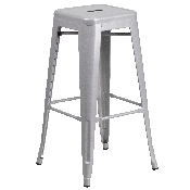 Commercial Grade 24" Round Silver Metal Indoor-Outdoor Bar Table Set with 2 Square Seat Backless Stools, CH-51080BH-2-30SQST-SIL-GG