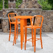 Commercial Grade 24" Round Orange Metal Indoor-Outdoor Bar Table Set with 2 Vertical Slat Back Stools, CH-51080BH-2-30VRT-OR-GG