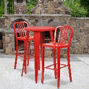 Commercial Grade 24" Round Red Metal Indoor-Outdoor Bar Table Set with 2 Vertical Slat Back Stools, CH-51080BH-2-30VRT-RED-GG