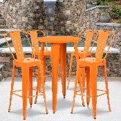 Commercial Grade 24" Round Orange Metal Indoor-Outdoor Bar Table Set with 4 Cafe Stools, CH-51080BH-4-30CAFE-OR-GG