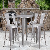 Commercial Grade 24" Round Silver Metal Indoor-Outdoor Bar Table Set with 4 Cafe Stools, CH-51080BH-4-30CAFE-SIL-GG