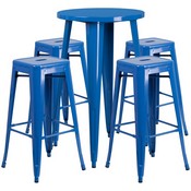 Commercial Grade 24" Round Blue Metal Indoor-Outdoor Bar Table Set with 4 Square Seat Backless Stools