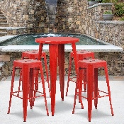 Commercial Grade 24" Round Red Metal Indoor-Outdoor Bar Table Set with 4 Square Seat Backless Stools, CH-51080BH-4-30SQST-RED-GG