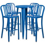 Commercial Grade 24" Round Blue Metal Indoor-Outdoor Bar Table Set with 4 Vertical Slat Back Stools, CH-51080BH-4-30VRT-BL-GG