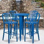 Commercial Grade 24" Round Blue Metal Indoor-Outdoor Bar Table Set with 4 Vertical Slat Back Stools, CH-51080BH-4-30VRT-BL-GG