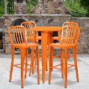 Commercial Grade 24" Round Orange Metal Indoor-Outdoor Bar Table Set with 4 Vertical Slat Back Stools, CH-51080BH-4-30VRT-OR-GG