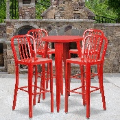 Commercial Grade 24" Round Red Metal Indoor-Outdoor Bar Table Set with 4 Vertical Slat Back Stools, CH-51080BH-4-30VRT-RED-GG