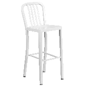 Commercial Grade 24" Round White Metal Indoor-Outdoor Bar Table Set with 4 Vertical Slat Back Stools, CH-51080BH-4-30VRT-WH-GG