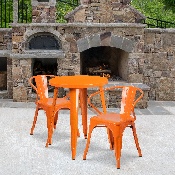 Commercial Grade 24" Round Orange Metal Indoor-Outdoor Table Set with 2 Arm Chairs, CH-51080TH-2-18ARM-OR-GG