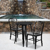 Commercial Grade 24" Round Black Metal Indoor-Outdoor Table Set with 2 Vertical Slat Back Chairs, CH-51080TH-2-18VRT-BK-GG