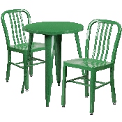 Commercial Grade 24" Round Green Metal Indoor-Outdoor Table Set with 2 Vertical Slat Back Chairs, CH-51080TH-2-18VRT-GN-GG