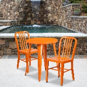 Commercial Grade 24" Round Orange Metal Indoor-Outdoor Table Set with 2 Vertical Slat Back Chairs, CH-51080TH-2-18VRT-OR-GG