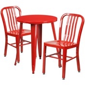 Commercial Grade 24" Round Red Metal Indoor-Outdoor Table Set with 2 Vertical Slat Back Chairs, CH-51080TH-2-18VRT-RED-GG