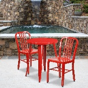 Commercial Grade 24" Round Red Metal Indoor-Outdoor Table Set with 2 Vertical Slat Back Chairs, CH-51080TH-2-18VRT-RED-GG