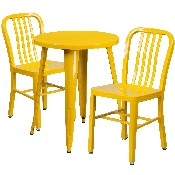 Commercial Grade 24" Round Yellow Metal Indoor-Outdoor Table Set with 2 Vertical Slat Back Chairs, CH-51080TH-2-18VRT-YL-GG
