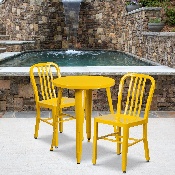 Commercial Grade 24" Round Yellow Metal Indoor-Outdoor Table Set with 2 Vertical Slat Back Chairs, CH-51080TH-2-18VRT-YL-GG