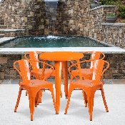 Commercial Grade 24" Round Orange Metal Indoor-Outdoor Table Set with 4 Arm Chairs, CH-51080TH-4-18ARM-OR-GG