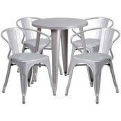 Commercial Grade 24" Round Silver Metal Indoor-Outdoor Table Set with 4 Arm Chairs, CH-51080TH-4-18ARM-SIL-GG