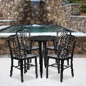 Commercial Grade 24" Round Black Metal Indoor-Outdoor Table Set with 4 Vertical Slat Back Chairs, CH-51080TH-4-18VRT-BK-GG