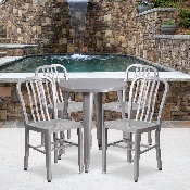 Commercial Grade 24" Round Silver Metal Indoor-Outdoor Table Set with 4 Vertical Slat Back Chairs, CH-51080TH-4-18VRT-SIL-GG