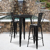 Commercial Grade 30" Round Black Metal Indoor-Outdoor Bar Table Set with 2 Cafe Stools, CH-51090BH-2-30CAFE-BK-GG