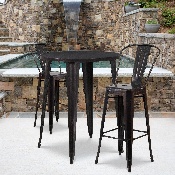 Commercial Grade 30" Round Black-Antique Gold Metal Indoor-Outdoor Bar Table Set with 2 Cafe Stools, CH-51090BH-2-30CAFE-BQ-GG