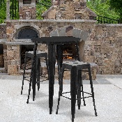 Commercial Grade 30" Round Black Metal Indoor-Outdoor Bar Table Set with 2 Square Seat Backless Stools, CH-51090BH-2-30SQST-BK-GG