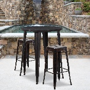 Commercial Grade 30" Round Black-Antique Gold Metal Indoor-Outdoor Bar Table Set with 2 Square Seat Backless Stools, CH-51090BH-2-30SQST-BQ-GG