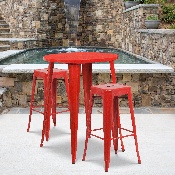 Commercial Grade 30" Round Red Metal Indoor-Outdoor Bar Table Set with 2 Square Seat Backless Stools, CH-51090BH-2-30SQST-RED-GG