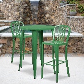 Commercial Grade 30" Round Green Metal Indoor-Outdoor Bar Table Set with 2 Vertical Slat Back Stools, CH-51090BH-2-30VRT-GN-GG