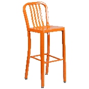 Commercial Grade 30" Round Orange Metal Indoor-Outdoor Bar Table Set with 2 Vertical Slat Back Stools, CH-51090BH-2-30VRT-OR-GG